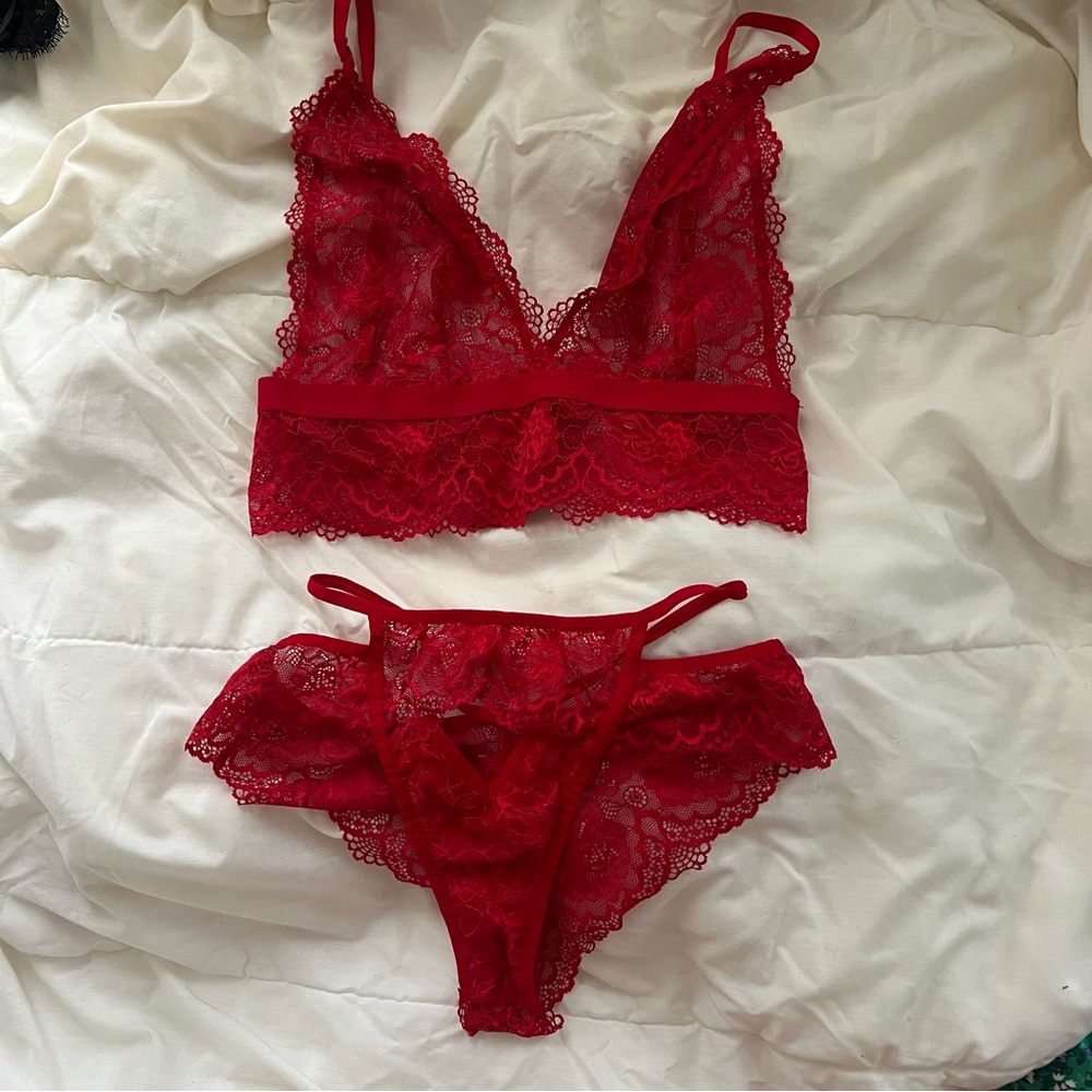 Elegant Red Lace Bralette and Panty Set